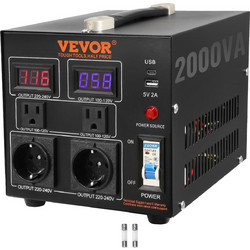 Μετασχηματιστής μετατροπέα τάσης VEVOR, 2000VA, μετασχηματιστής βαρέως τύπου Step Up/Down, Μετατροπή από 110 Volt σε 220 Volt και από 220 Volt σε 110 Volt, με πρίζα US Outlet EU Outlet 5V USB, με πιστ