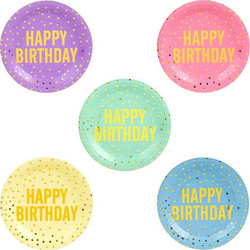 Πιάτα Πάρτι Χάρτινα Παστέλ Χρυσό Foil Happy Birthday 23cm - 25 τμχ