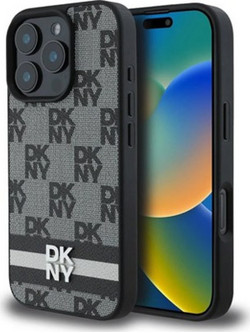 DKNY PU Leather Checkered Pattern and Stripe Case for iPhone 16 Pro Black