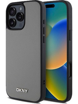 DKNY PU Leather Silver Metal Logo Θήκη Δερματίνης με Magsafe για iPhone 16 Pro Γκρι