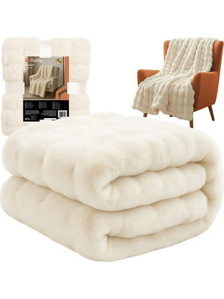 Απαλή Λευκή Κουβέρτα Καναπέ Ruhhy 160x100cm - Fleece Βελουτέ με Υφή Faux Fur
