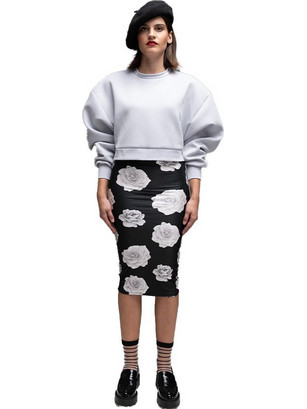 Roses Black and White Midi Skirt