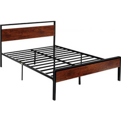Σκελετός κρεβατιού Queen Size VEVOR, 35 cm Μαύρος μεταλλικός σκελετός κρεβατιού πλατφόρμας με ρετρό καφέ ξύλινο κεφαλάρι και πόδι, μεγάλος χώρος αποθήκευσης κάτω από το κρεβάτι, αντιολισθητικός χωρίς