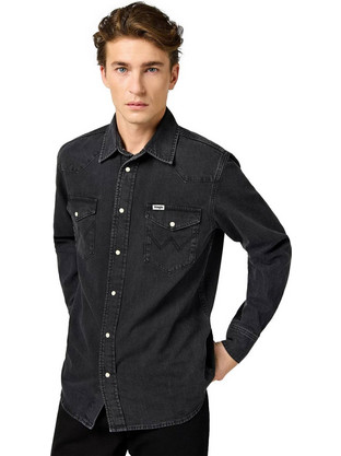 Wrangler Ανδρικό Πουκάμισο Τζιν Μακρυμάνικο Κανονική Γραμμή Μαύρο 112362906