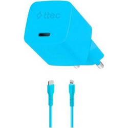 ttec SmartCharger GAN 20W PD Travel Fast Charger + USB-C - Lightning Cable 120cm Neon Blue - (2SCG20LNM)