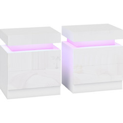 HOMCOM Σετ 2 Κομοδίνα LED με 2 Συρτάρια, Ξύλινα, Λευκά Γυαλιστερά, 45x35x52 cm 831-651V82WT