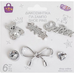 Pins Διακοσμητικά για Σαμπό Αρκουδάκι Καρδιά Στρας Χρώμα Ασημί - 6 τμχ