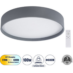GLOBOSTAR(R) NARNIA 61260 Μοντέρνο Φωτιστικό Οροφής LED 100W 10000lm 120 AC 220-240V IP20 Ρυθμιζόμενο Λευκό CCT με Χειριστήριο από 2700K έως 6000K Dimmable - Lumileds SMD Chip - Γκρι Ματ - Μ60 x Π60 x