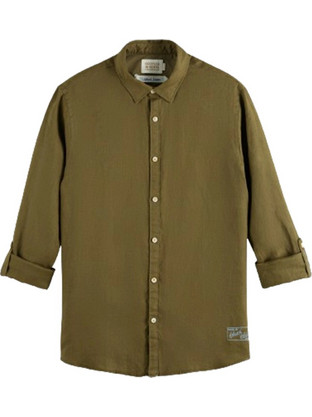Scotch & Soda Ανδρικό Πουκάμισο Λινό Μακρυμάνικο Κανονική Γραμμή Χακί 177150-6895