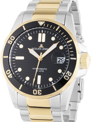 Jacques Lemans Hybromatic Diver Ανδρικό Ρολόι Αυτόματο με Ασημί Χρυσό Μεταλλικό Μπρασελέ 1-2170L