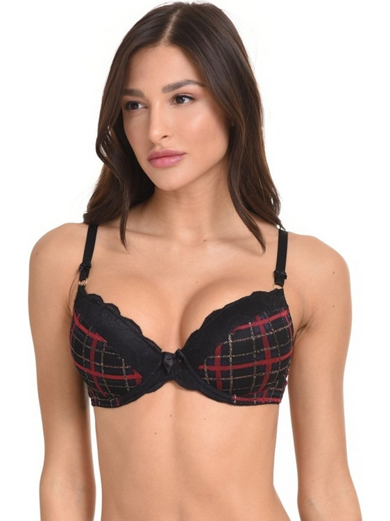 Miss Rosy Σουτιέν Balconette Push Up με Μπανέλα Μαύρο Κόκκινο 101