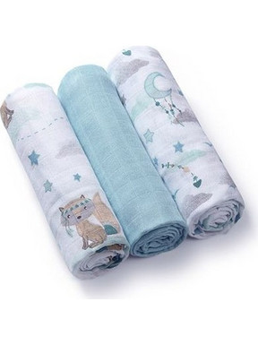 BabyOno Raccon Πάνες Αγκαλιάς από Μουσελίνα Γαλάζιες 70x70cm 3τμχ