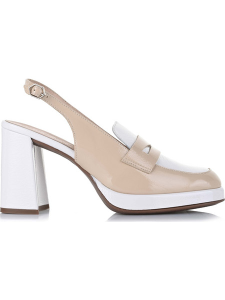 Wonders Γόβες Slingback Δερμάτινες με Χοντρό Ψηλό Τακούνι & Φιάπα Λευκές Μπεζ H-5930