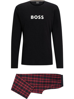Hugo Boss Χειμωνιάτικες Ανδρικές Πιτζάμες Βαμβακερές Καρό Μαύρες Μπορντό 50488084-602