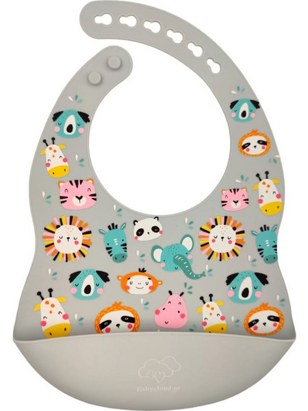BabyCloud Animals Αδιάβροχη Σαλιάρα Σιλικόνης με Κουμπί & Τσέπη 4m+ Γκρι