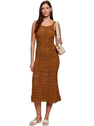 Pinko Midi Καλοκαιρινό Βραδινό Φόρεμα Πλεκτό Καφέ 106862A3B8-L25