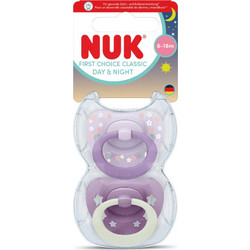 Nuk First Choice Classic Day & Night Ορθοδοντικές Πιπίλες Σιλικόνης Νυκτός 6-18m Λουλουδάκια Μωβ 2τμχ