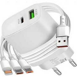 Verk Group Φορτιστής με Καλώδιο Multi Port με Θύρα USB-A & Θύρα USB-C 20W Quick Charge 3.0 & Power Delivery