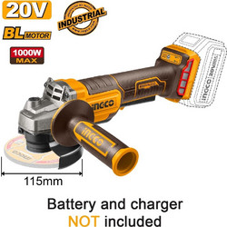 Ingco CAGLI211156E Γωνιακός Τροχός Μπαταρίας 20V 115mm με Ρύθμιση Στροφών Solo