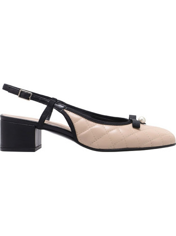 KALOGIROU Dolores Γόβες Slingback Δερμάτινες με Χοντρό Χαμηλό Τακούνι & Φιόγκο Μπεζ Μαύρες