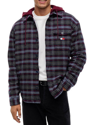 Tommy Jeans Ανδρικό Πουκάμισο Βαμβακερό Καρό Μακρυμάνικο Κανονική Γραμμή Overshirt Navy Μπλε DM0DM23521-0QM