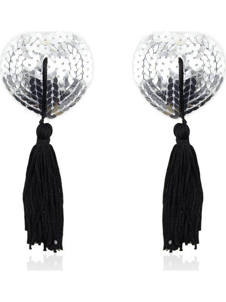 FETISH ADDICT SELF-ADHESIVE HEART SEQUIN NIPPLE COVER WITH TASSEL SILVER BLACK - ΚΑΛΥΜΜΑΤΑ ΘΗΛΩΝ ΜΕ ΣΤΡΑΣ +amp ΚΡΟΣΙΑ ΑΣΗΜΕΝΙΑ/ΜΑΥΡΑ