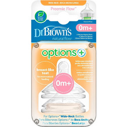 Dr. Brown's Natural Flow Options+ Θηλή Σιλικόνης για Μπιμπερό 0m+ Πολύ Αργής Ροής με Φαρδύ Λαιμό 2τμχ WN0201