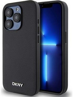 DKNY PU Leather Silver Metal Logo Magsafe Case for iPhone 15 Pro Black