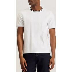 TED BAKER ROUSEL T-Shirt ΛΕΥΚΟ ΛΑΙΜΟΚΟΨΗ Ζακάρ Σχέδιο με ριγέ Τ-βελονιά ΛΕΠΤΟΜΕΡΕΙΕΣ ΡΙΓΑ ΣΤΟΝ ΛΑΙΜΟ ΚΑΝΟΝΙΚΗ ΓΡΑΜΜΗ