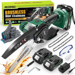 Millegu Mini Electric Chainsaw Battery for Cutting Wood Gardens 600 Watts, with 2x2000 mAh Batteries and Quick Charger