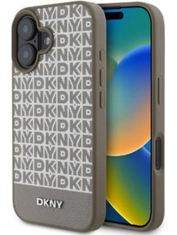 DKNY PU Leather Repeat Pattern Bottom Stripe Θήκη Δερματίνης με Magsafe για iPhone 16 Μπεζ