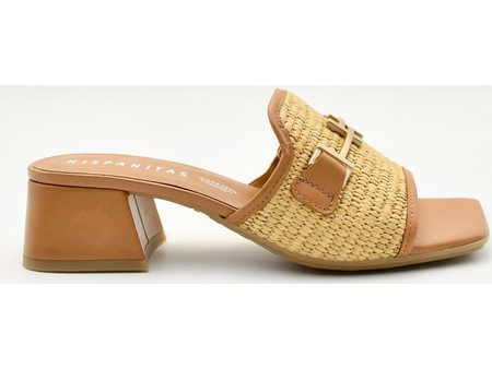 Mules με χαμηλό χοντρό τακούνι Γυναικεία Hispanitas RHV254071-C001 Dallas-V25 σε καφέ δέρμα και ψάθα