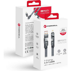 Forcell F-Energy C241 - Καλώδιο 4 σε 1 με Υποδοχές Type-C / USB-A σε Type-C / Lightning QC 4.0 PD 3A 60W 1m σε Γκρι Xρώμα