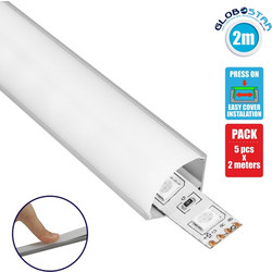 GLOBOSTAR(R) ALP-CORNER LINEO 70815-2M Επιφανειακό Γωνιακό Προφίλ Αλουμινίου με Λευκό Γαλακτερό Πατητό Κάλυμμα για Ταινίες LED IP20 - Ασημί & Λευκό - Μ200 x Π1.6 x Υ1.6cm - Πακέτο 5 Τεμαχίων