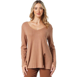 ANNA RAXEVSKY Μπέζ μακρυμάνικη πλεκτή ριπ μπλούζα B25226 BROWN