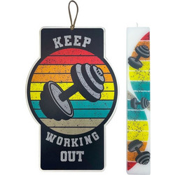 Σετ Λαμπάδα με Εκτύπωση Keep Working out σε Κερί Πλακέ 4,5x29,5cm & Αναμνηστικό Ξύλινο Καδράκι