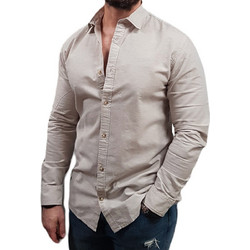 Jack & Jones Ανδρικό Πουκάμισο Λινό Ριγέ Μακρυμάνικο Κανονική Γραμμή Μπεζ 12289174