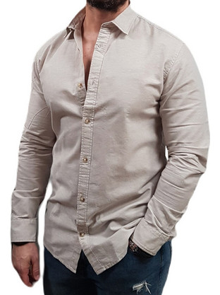 Jack & Jones Ανδρικό Πουκάμισο Λινό Ριγέ Μακρυμάνικο Κανονική Γραμμή Μπεζ 12289174