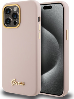 Guess Vintage Script Gold Logo Silicone Back Cover Pink (iPhone 15 Pro Max)