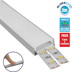 GLOBOSTAR(R) ALP-LINEAR ALIENA 70809-3M Επιφανειακό Προφίλ Αλουμινίου με Λευκό Γαλακτερό Πατητό Κάλυμμα για Ταινίες LED IP20 - Ασημί & Λευκό - Μ300 x Π2.4 x Υ1.1cm - Πακέτο 5 Τεμαχίων