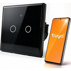 Qoltec 52712 Smart Touch 2-Gang Light Switch | Wi-Fi | Timer | Tuya | Smart Life | Tempered Glass | Black 52712