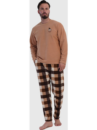 Vienetta Man Ανδρική χειμερινή fleece πυτζάμα με καρό παντελόνι-161922 Καφέ ανοιχτό