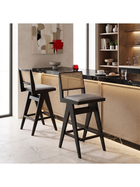 Σκαμπό bar Winslow pakoworld ξύλο rubberwood μαύρο-pvc rattan φυσικό-ύφασμα γκρι 44.5x46x98εκ