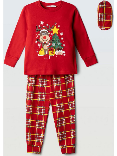 Hashtag Christmas time Παιδική Πιτζάμα με Μάσκα Ύπνου Κόκκινη H-738