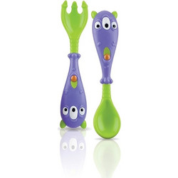 Nuby Monster Σετ Παιδικό Πιρούνι & Κουτάλι Σιλικόνης 18m+ Πράσινο Μωβ 2τμχ