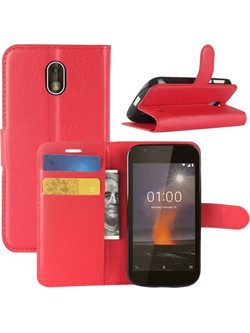 Για Nokia 1 Δερμάτινη Θήκη με Υφή Λίτσι, Πορτοφόλι, Βάση & Υποδοχές Καρτών (Κόκκινο) (OEM)