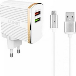 Ldnio Φορτιστής με Καλώδιο Micro USB με 2 Θύρες USB-A 30W Quick Charge 3.0 White A2502Q