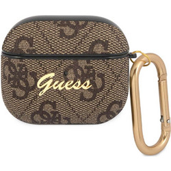 Guess Script Metal Logo Collection Θήκη από Δερματίνη με Γάντζο για Apple AirPods 3 Καφέ