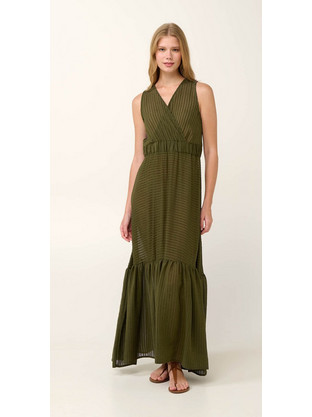 Vamp Ramie Maxi Καλοκαιρινό Καθημερινό Φόρεμα Μεταξωτό Χακί 22870