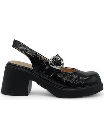 Wonders Γόβες Slingback Δερμάτινες με Χοντρό Χαμηλό Τακούνι Μαύρες E-7111-1